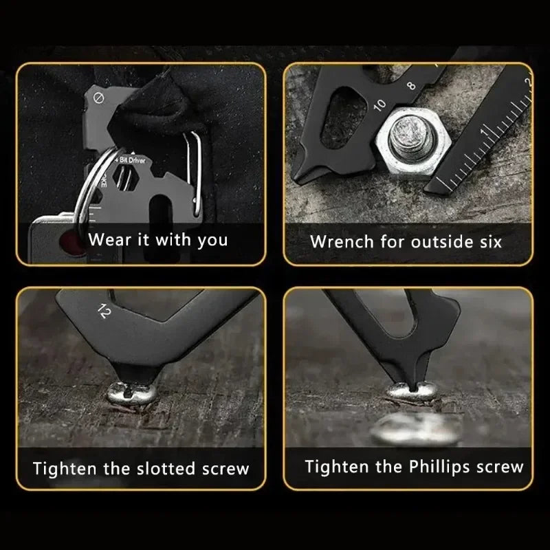 Steel Pocket Multi Tool Survival Gadget – Keychain Bottle Opener, Screwdriver, Cutter & Measuring Scale